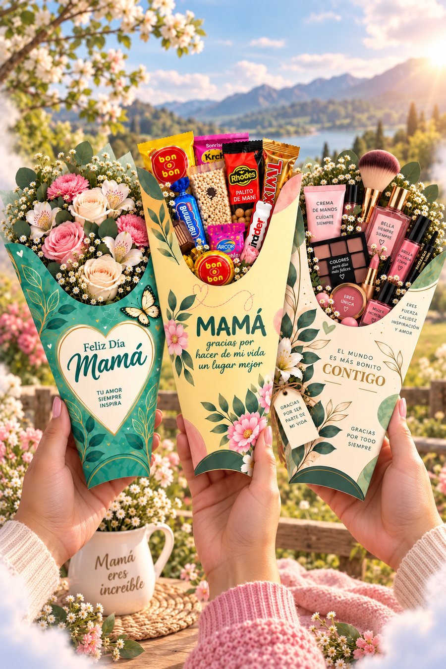 Tres regalos para Día de la Madre: cono de flores, cono de golosinas y cono de cosméticos